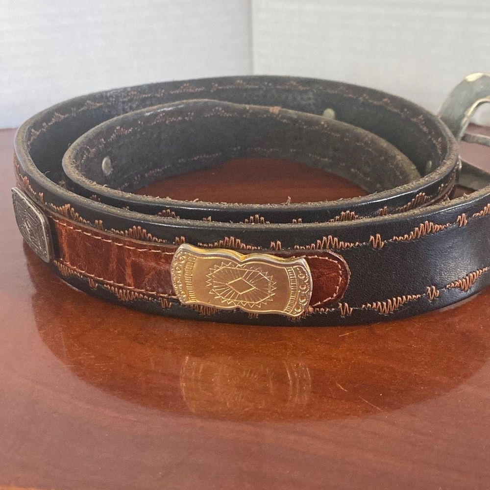 Vintage La Doppia Vita black & brown leather western studded belt Women 36 - Picture 3 of 8
